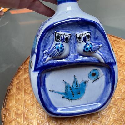 TONALA MEXICO Blue Vase w/ Raised Owls & Other Birds
