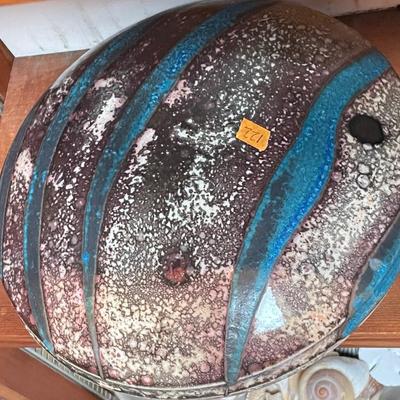LARGE Blue & Brown Ceramic Covered Dish signed  KINGSMILL