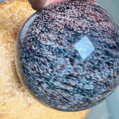 Blown Glass Orb swirly Blue & purple tones, along with smaller turquoise raku tray.