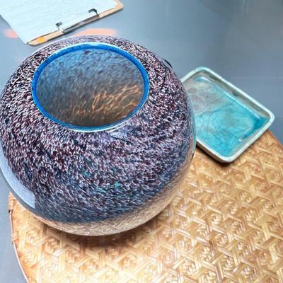 Blown Glass Orb swirly Blue & purple tones, along with smaller turquoise raku tray.