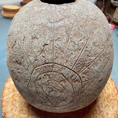 Large Redware Vase with Sunburst Design impressed shell mark on bottom.
