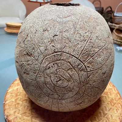 Large Redware Vase with Sunburst Design impressed shell mark on bottom.