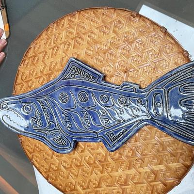 Blue Ceramic Fish platter signed â€œRiâ€  2005.