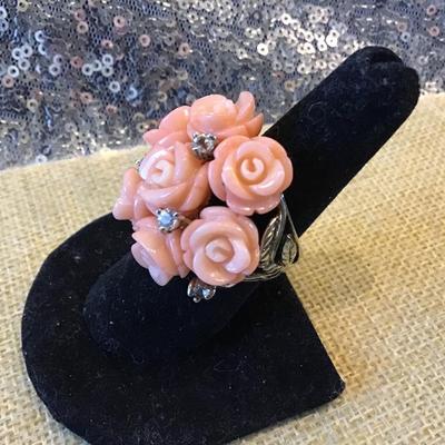 925 Silver Coral Ring Roses