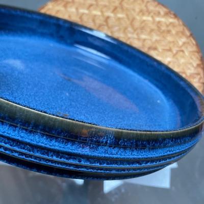Large Blue Glazed Ceramic Dish w Raised Sides