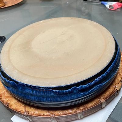 Large Blue Glazed Ceramic Dish w Raised Sides