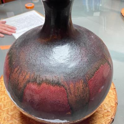 RED WARE VASE W/ BROWN DRIP - signed â€œLittleâ€