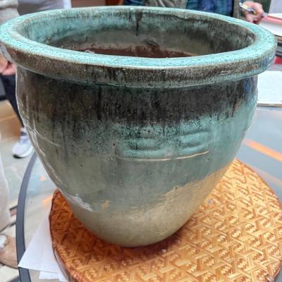 Green GLAZED Ceramic Plant Pot with Greek Keys around