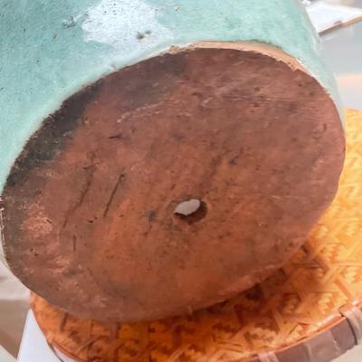 Green GLAZED Ceramic Plant Pot with Greek Keys around