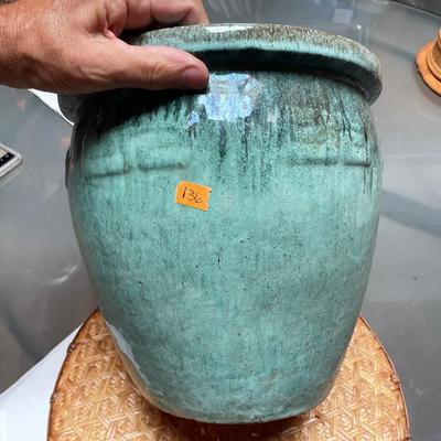 Green GLAZED Ceramic Plant Pot with Greek Keys around