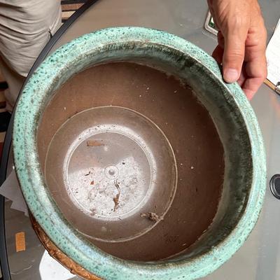 Green GLAZED Ceramic Plant Pot with Greek Keys around