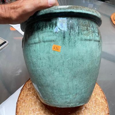 Green GLAZED Ceramic Plant Pot with Greek Keys around