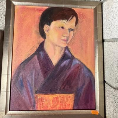 Painting of woman in kimono, framed, 19â€x23â€.