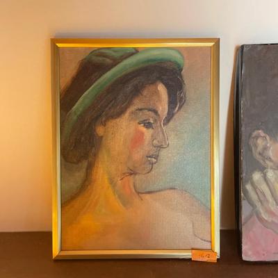 Original painting by Karen Morrow, lady, in a green hat.