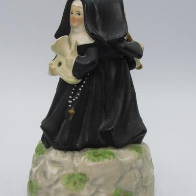 Vintage Ceramic 3 Nuns Playing Instruments on Hilltop Figurine Music Box Topper