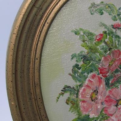 Small Vintage Oval Gold Frame Pink Peonies Flowers Mid Century Style Original Art