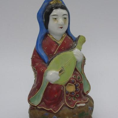 Vintage Japanese Porcelain Kutani Satsuma Moriage Lady Figurine with Instrument