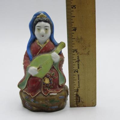 Vintage Japanese Porcelain Kutani Satsuma Moriage Lady Figurine with Instrument