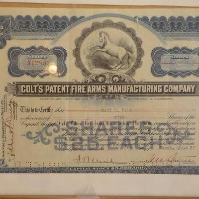 Colt's first certificate of stock in the 1950's. est. $10 to $30.