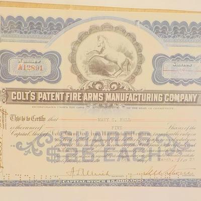 Colt's first certificate of stock in the 1950's. est. $10 to $30.