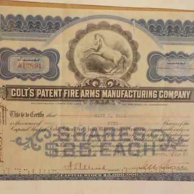 Colt's first certificate of stock in the 1950's. est. $10 to $30.