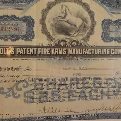 Colt's first certificate of stock in the 1950's. est. $10 to $30.