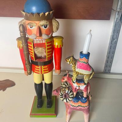 Nutcracker & ceramic figural, Mexican candle holder in fair to good condition.