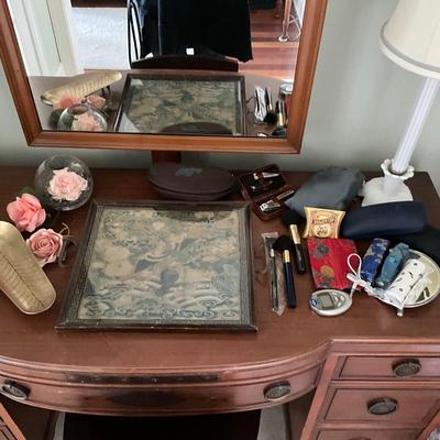 MB1918 Lot of Vanity Tray with Glass Rose, Makeup Holder, Brushes, Glass Cases