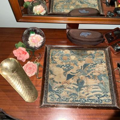 MB1918 Lot of Vanity Tray with Glass Rose, Makeup Holder, Brushes, Glass Cases