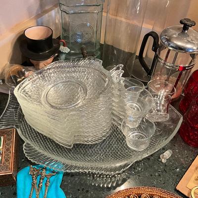 DR2223 Large Lot of Ruby Glasses, Fish Plates, Handmade Trivets and more