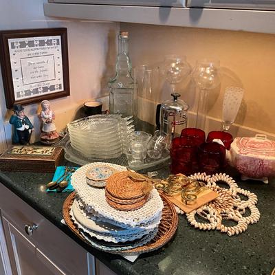 DR2223 Large Lot of Ruby Glasses, Fish Plates, Handmade Trivets and more