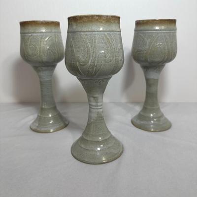 Set of 3 Vintage Stoneware Pottery Goblets - Signed