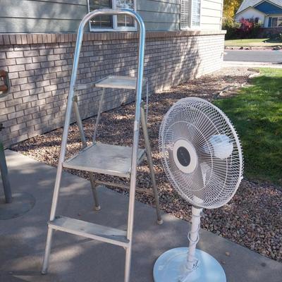 THREE STEP LADDER AND HOLMES FLOOR FAN ADJUSTABLE HEIGHT