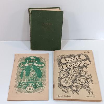 Three vintage booklets - Longfellow Birthday Book 1906 - Ladies Almanac 1960 - and Flower Calendar 1948