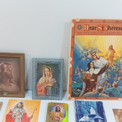 Large lot of Vintage Prayer cards - Framed Jesus litho - Framed Mary and more Catholic Prayer Cards