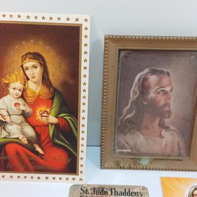 Large lot of Vintage Prayer cards - Framed Jesus litho - Framed Mary and more Catholic Prayer Cards