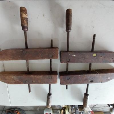 TWO LARGE WOODEN, VINTAGE CLAMPS