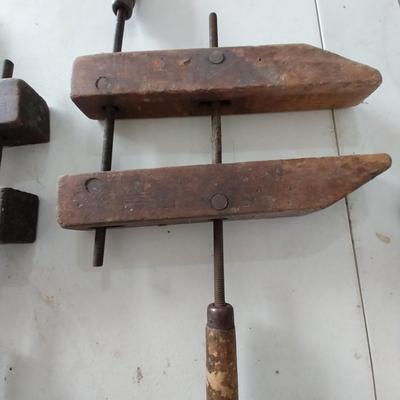 TWO LARGE WOODEN, VINTAGE CLAMPS