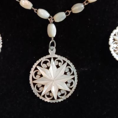 Vintage Mother of pearl beaded necklace with pendant and 2 additional matching ones for Jewelry making