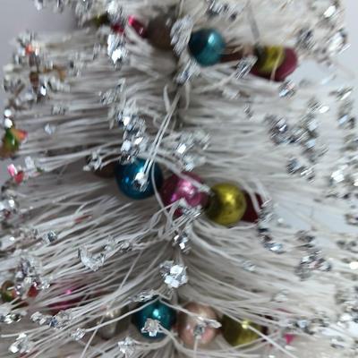 Vintage large white with silver tips Bottle Brush tree with Mercury bead glass garland