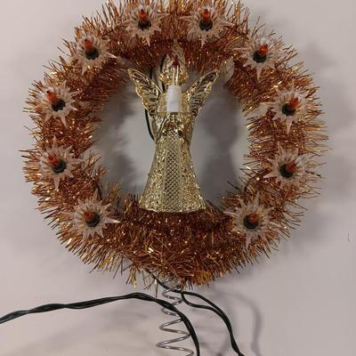 Vintage 11 Light 7 inch Round Angel Tree Topper Gold Tinsel Twinkles Wreath