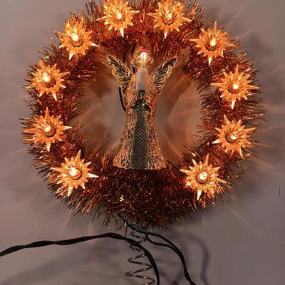 Vintage 11 Light 7 inch Round Angel Tree Topper Gold Tinsel Twinkles Wreath