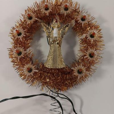Vintage 11 Light 7 inch Round Angel Tree Topper Gold Tinsel Twinkles Wreath