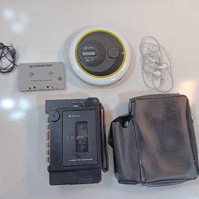 Vintage Sanyo Walkman with case, GPX Portable Cd Player - ear phones - cassette tape adapter for car stereo