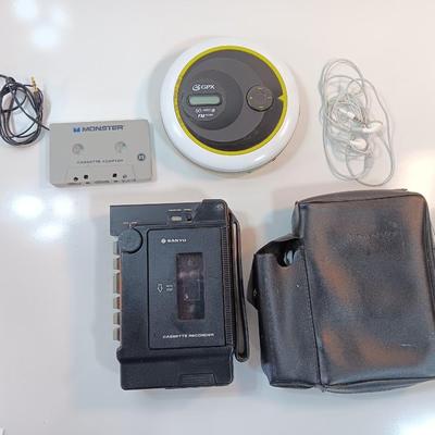 Vintage Sanyo Walkman with case, GPX Portable Cd Player - ear phones - cassette tape adapter for car stereo