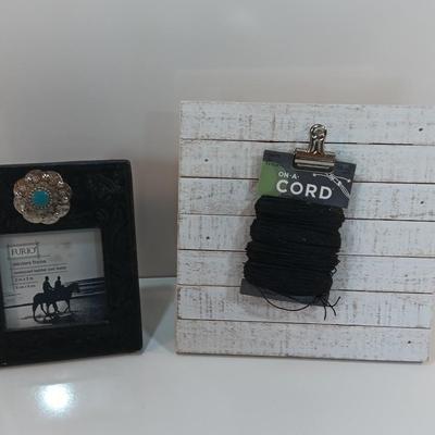 Western themed photo frame and a small slat wood memo board with metal clip