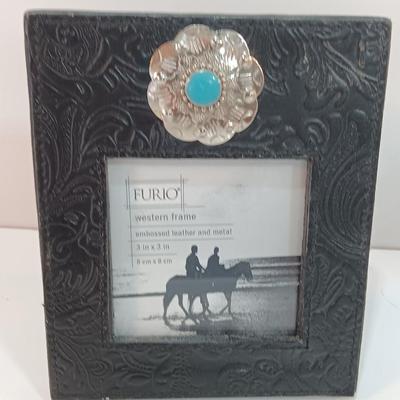 Western themed photo frame and a small slat wood memo board with metal clip
