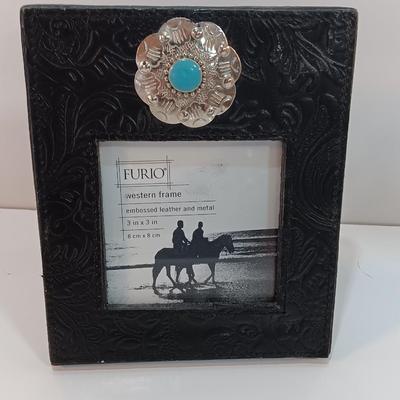 Western themed photo frame and a small slat wood memo board with metal clip