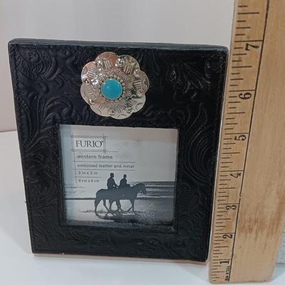 Western themed photo frame and a small slat wood memo board with metal clip