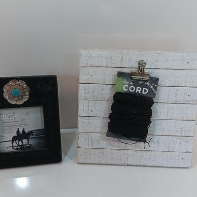 Western themed photo frame and a small slat wood memo board with metal clip